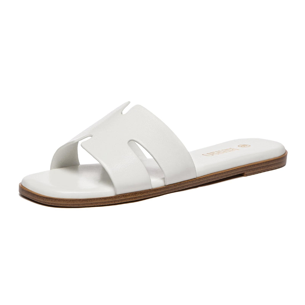 Rihero Women's Dressy Flat Sandals Comfortable Slip On Leather Slide White Sandals Size 8