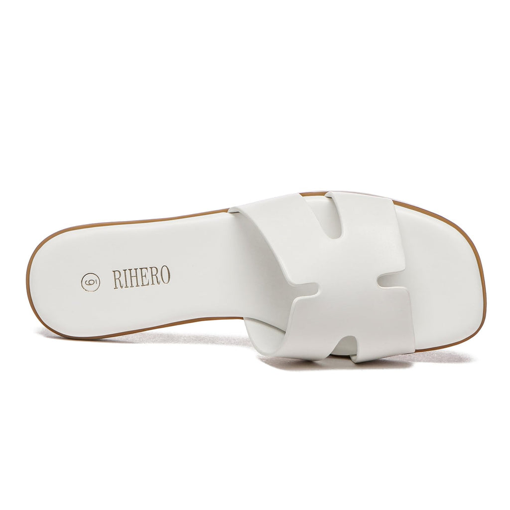 Rihero Women's Dressy Flat Sandals Comfortable Slip On Leather Slide White Sandals Size 8