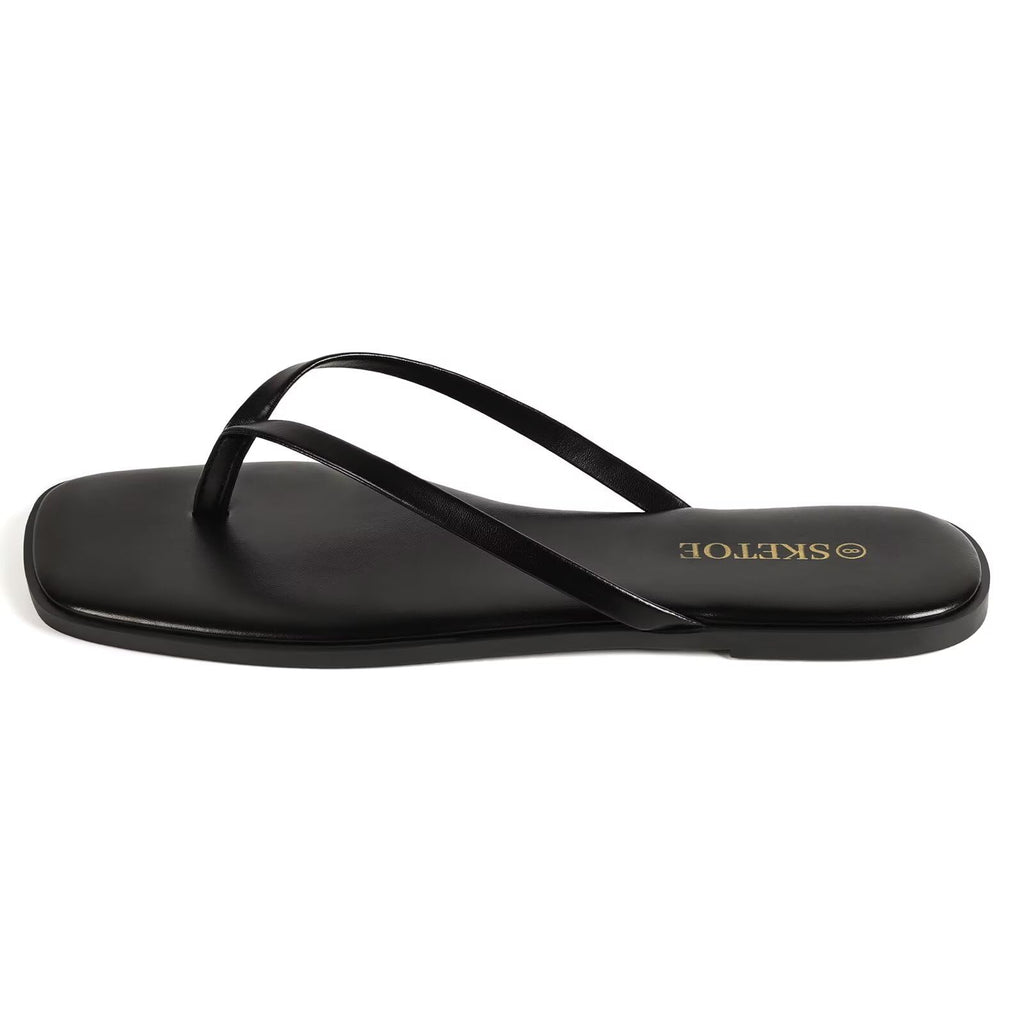 SKETOE Flip Flops for Women Square Toe Flat Sandals for Women Comfortable Thong Sandals Leather Flip Flops Lightweight Summer Beach Sandals Dressy Vacation Essentials Slides, Black