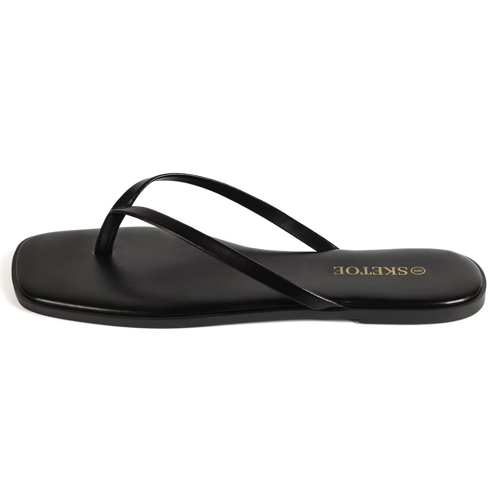 SKETOE Flip Flops for Women Square Toe Flat Sandals for Women Comfortable Thong Sandals Leather Flip Flops Lightweight Summer Beach Sandals Dressy Vacation Essentials Slides, Black