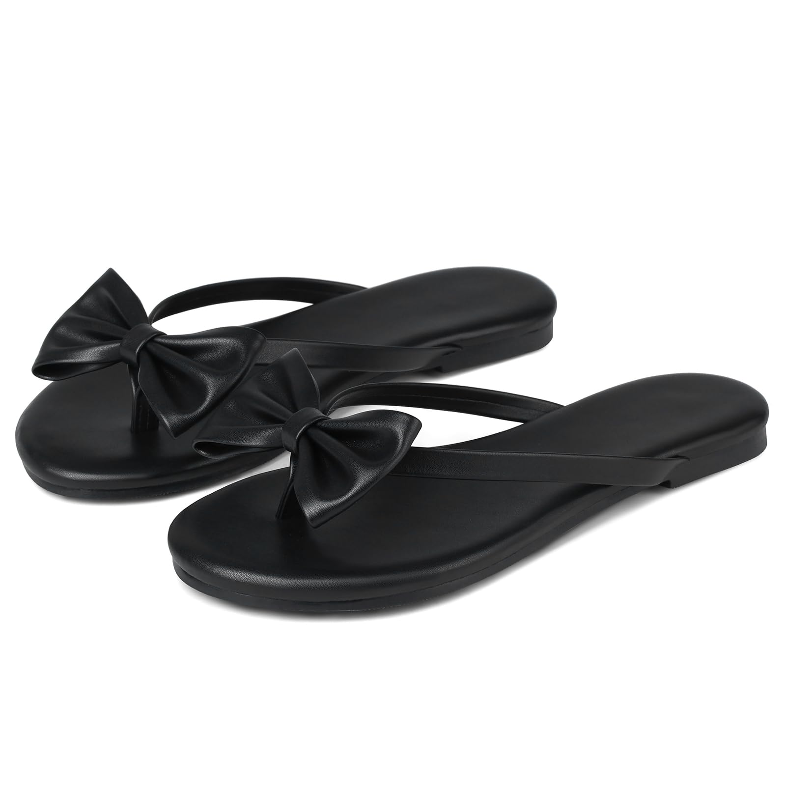 Phefarer Flip Flops for Women Flat Thong Sandals with Bow Knot Open Toe Cute Comfortable Black Beach Sandals Dressy Daily Casual Walking Summer Shoes Size 7