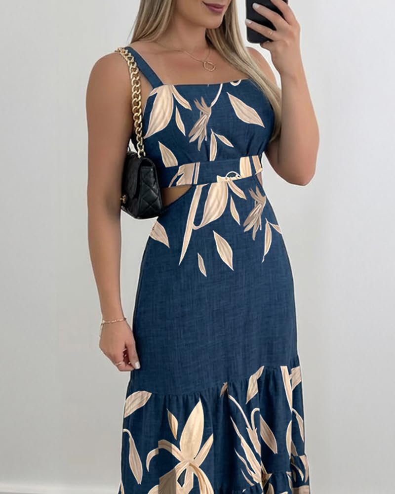 CHICME Summer Dresses for Women 2026 Sleeveless Casual Boho Maxi Dress Square Neck Cut Out Floral A Line Floral Purplish Blue Dress-S