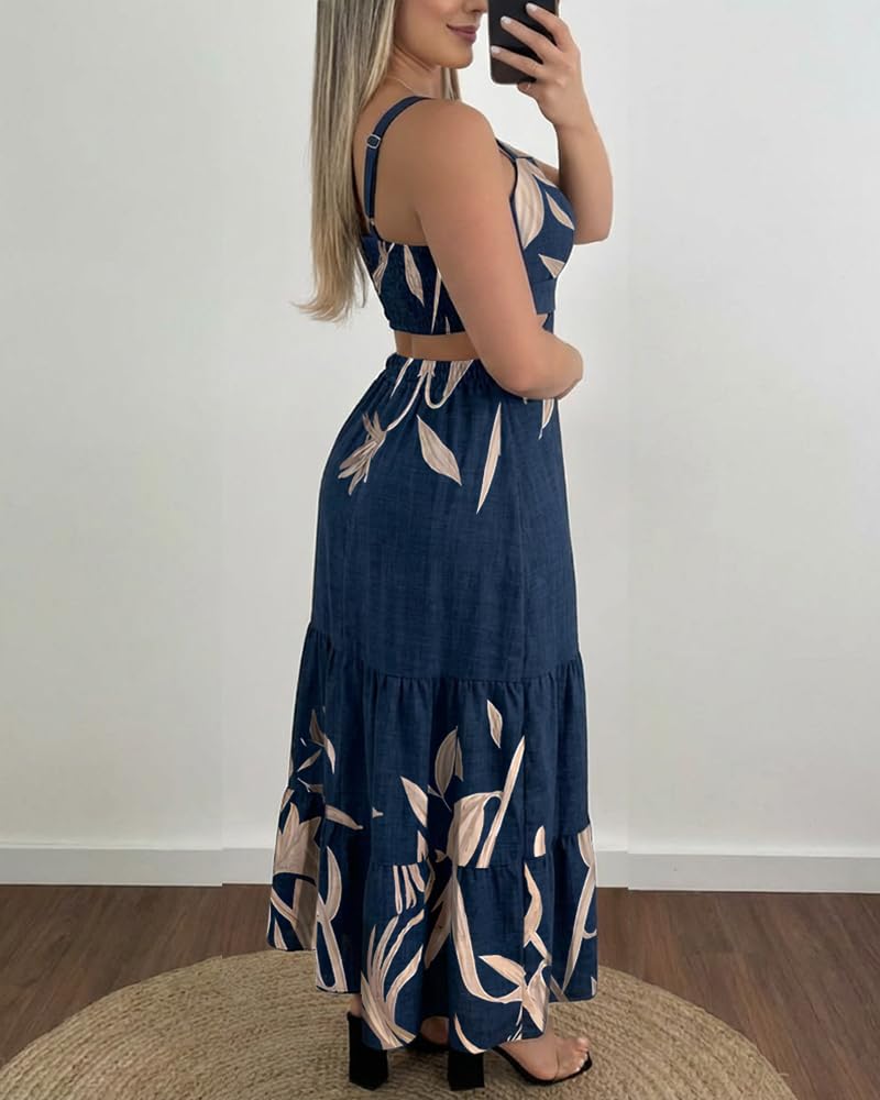 CHICME Summer Dresses for Women 2026 Sleeveless Casual Boho Maxi Dress Square Neck Cut Out Floral A Line Floral Purplish Blue Dress-M