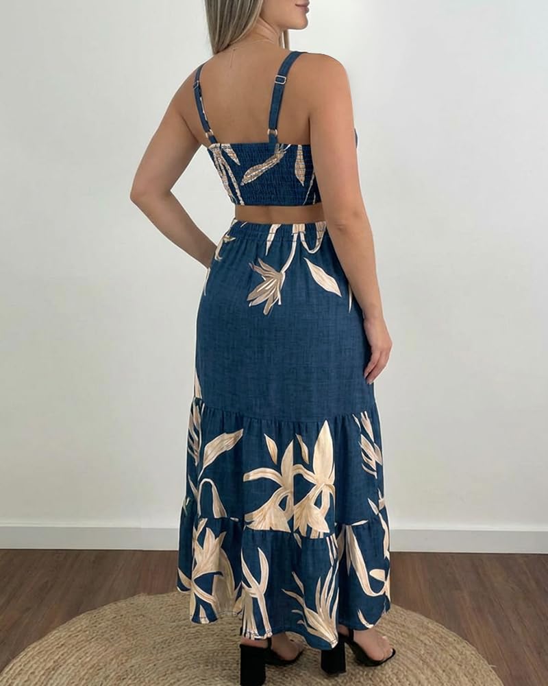 CHICME Summer Dresses for Women 2026 Sleeveless Casual Boho Maxi Dress Square Neck Cut Out Floral A Line Floral Purplish Blue Dress-S