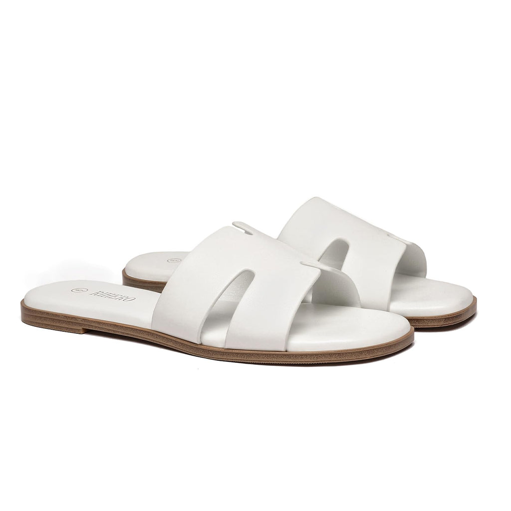 Rihero Women's Dressy Flat Sandals Comfortable Slip On Leather Slide White Sandals Size 8