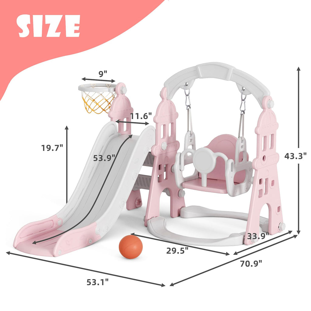 XJD 4-in-1 Toddler Slide and Swing Set, Kids Slide for Toddlers Age 1+, Toddler Outdoor Playset with Basketball Hoop, Swing, Outdoor Indoor Playground for Toddlers 1-3 (Pink)