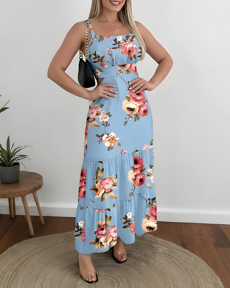 CHICME Summer Dresses for Women 2026 Sleeveless Casual Boho Maxi Dress Square Neck Hollow-Out Floral A Line Misty Blue Dress-S