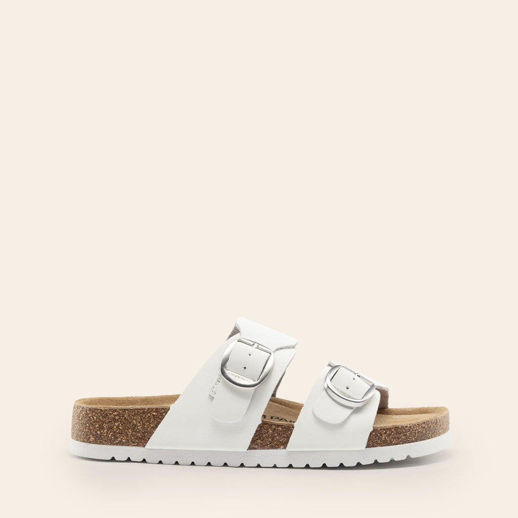 DREAM PAIRS Women's Slides Soft Genuine Footbed Sandals Comfortable Adjustable Double Buckle Slip-on Flat Sandals with Arch Support Frame Dual Slippers for Summer 2026,Size 7,White,SDSS26004W