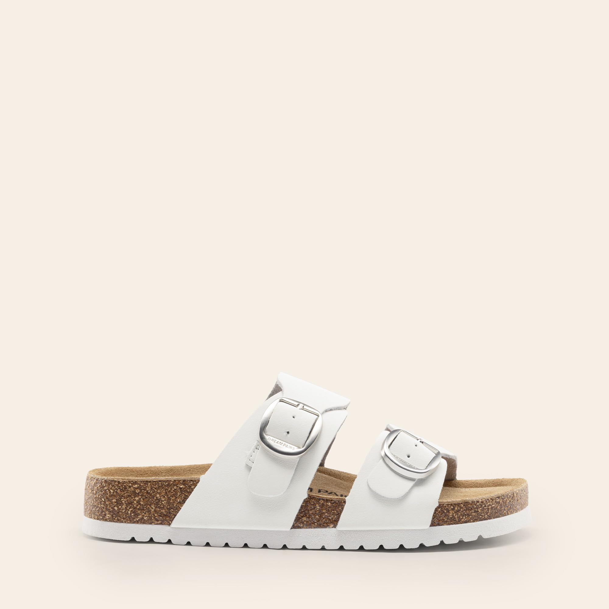 DREAM PAIRS Women's Slides Soft Genuine Footbed Sandals Comfortable Adjustable Double Buckle Slip-on Flat Sandals with Arch Support Frame Dual Slippers for Summer 2026,Size 7,White,SDSS26004W