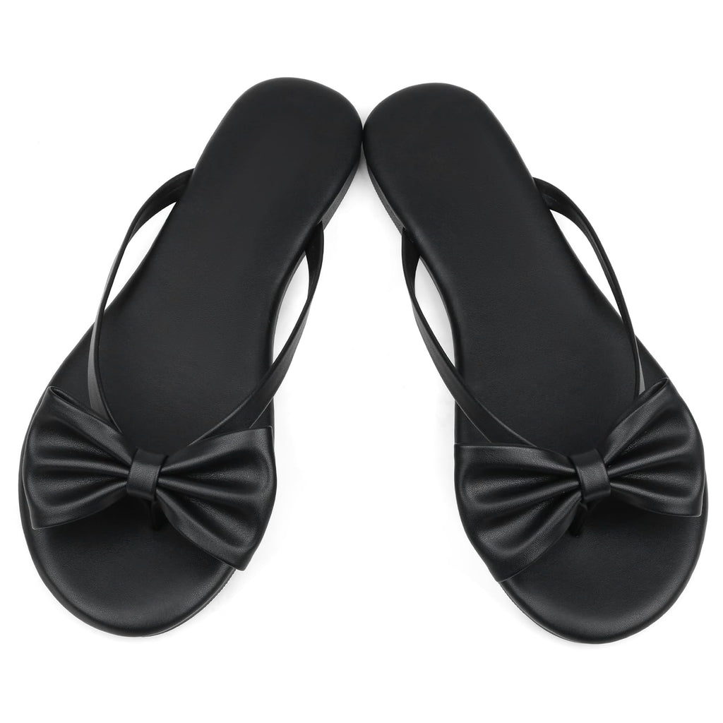 Phefarer Flip Flops for Women Flat Thong Sandals with Bow Knot Open Toe Cute Comfortable Black Beach Sandals Dressy Daily Casual Walking Summer Shoes Size 7
