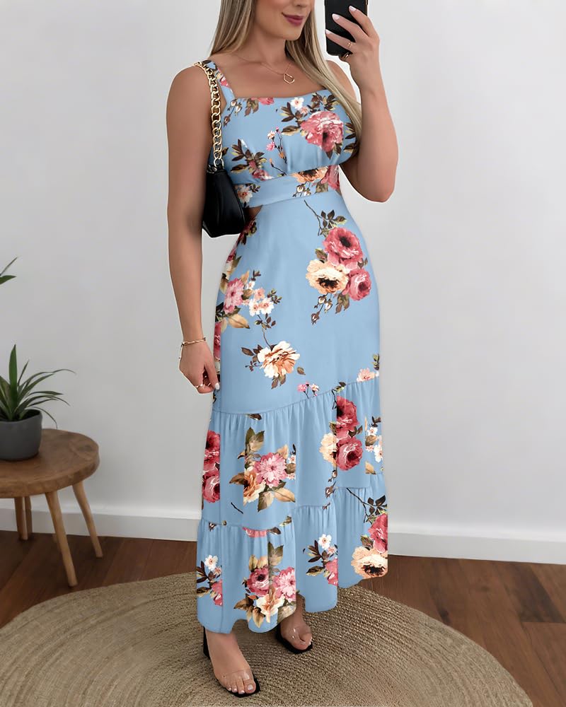 CHICME Summer Dresses for Women 2026 Sleeveless Casual Boho Maxi Dress Square Neck Hollow-Out Floral A Line Misty Blue Dress-S