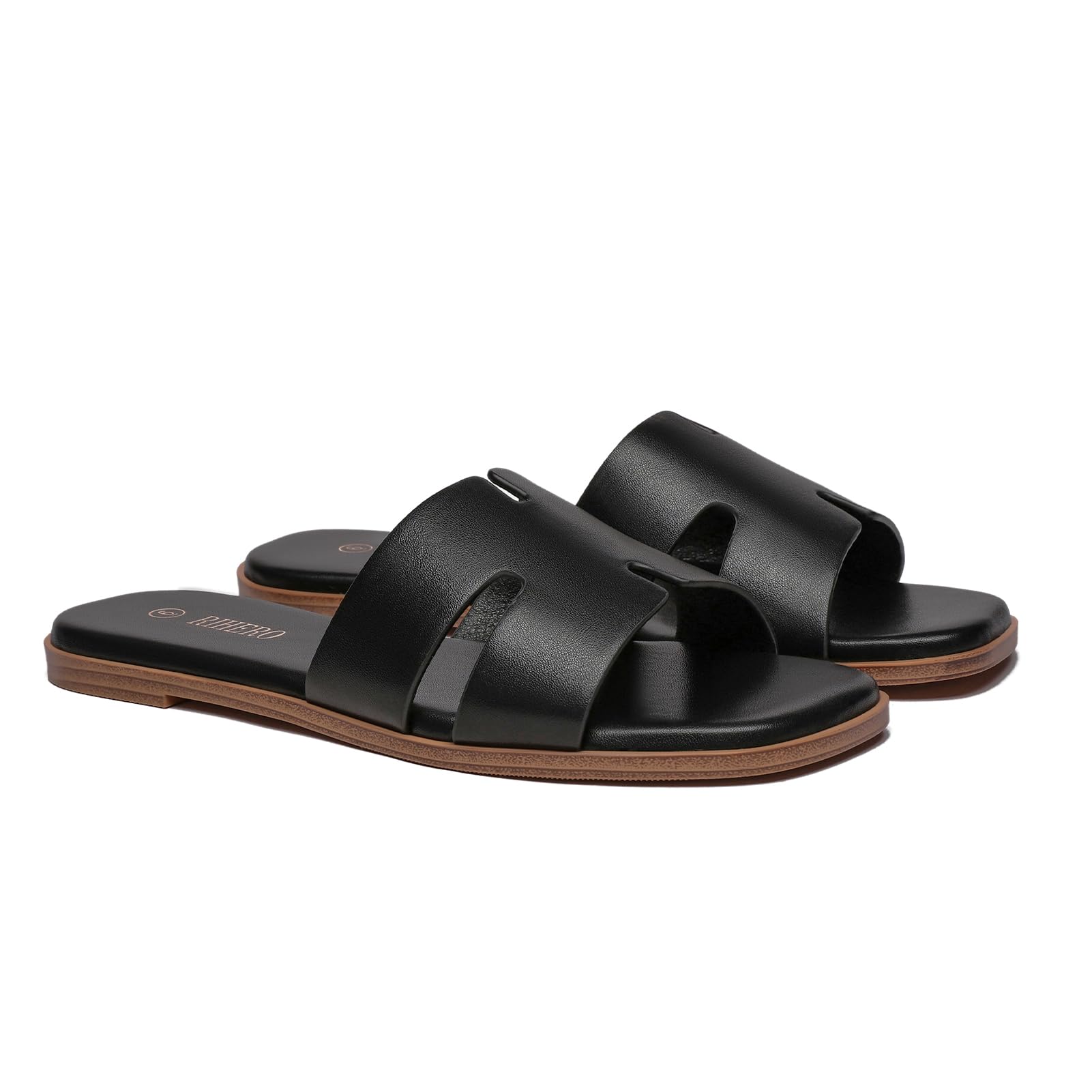 Rihero Black Flat Sandals for Women Dressy Summer Slip On Peep Toe Slide Black Sandals Size 8