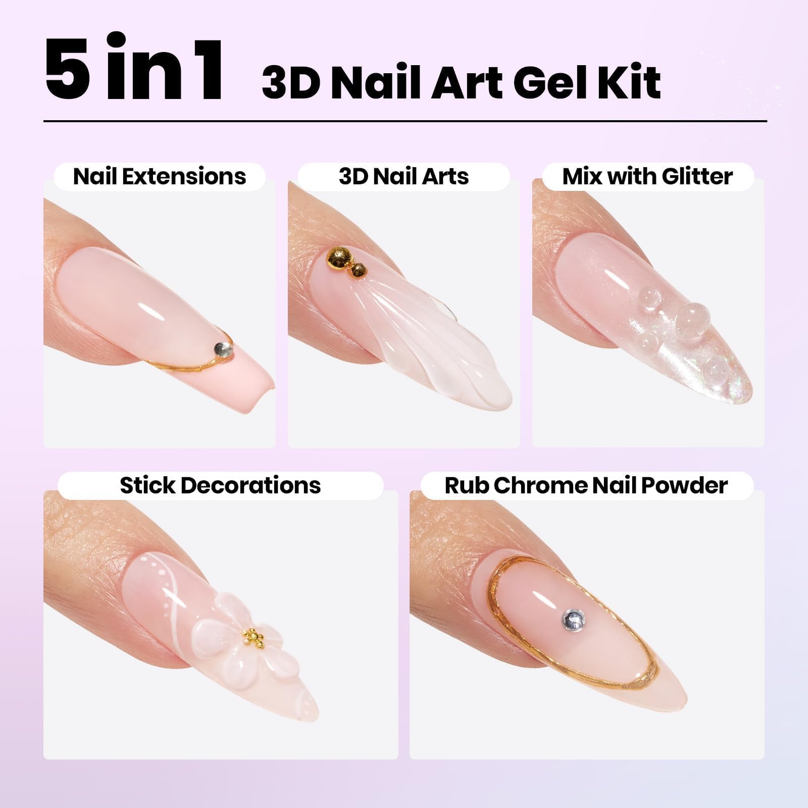 Beetles 3D Gel Nail Art Kit-1oz Clear Solid Builder Nail Gel,5 in 1 Non-Sticky Hand Sculpting Building 3D Nails with Sculpting Pen for Beginner DIY UV Nails Salon at Home,Crystal Orb Gifts for Women