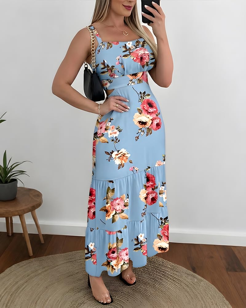 CHICME Summer Dresses for Women 2026 Sleeveless Casual Boho Maxi Dress Square Neck Hollow-Out Floral A Line Misty Blue Dress-S