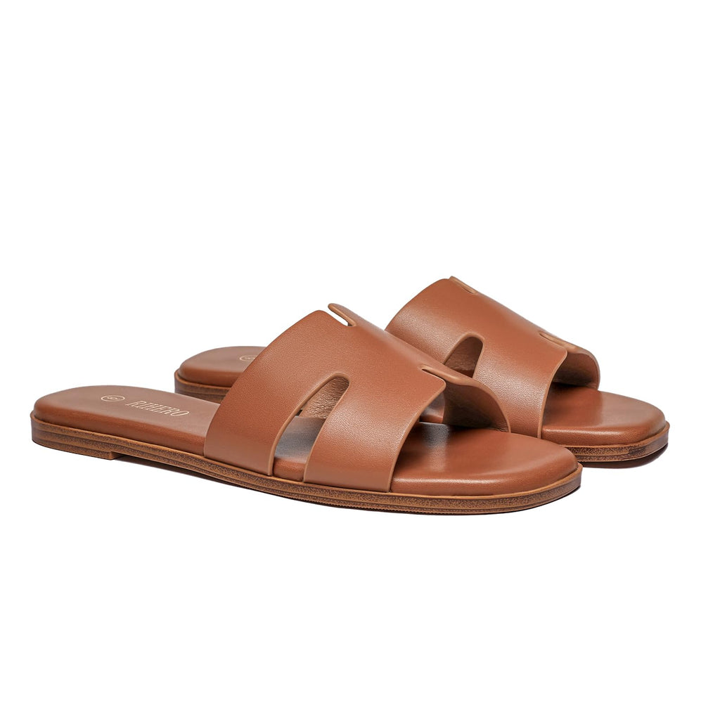 Rihero Women's Dressy Flat Sandals Comfortable Slip On Leather Slide Tan Sandals Size 7