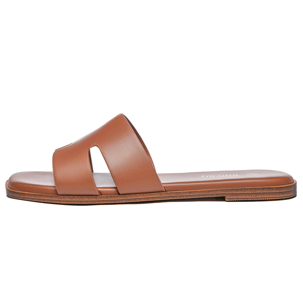 Rihero Women's Dressy Flat Sandals Comfortable Slip On Leather Slide Tan Sandals Size 7
