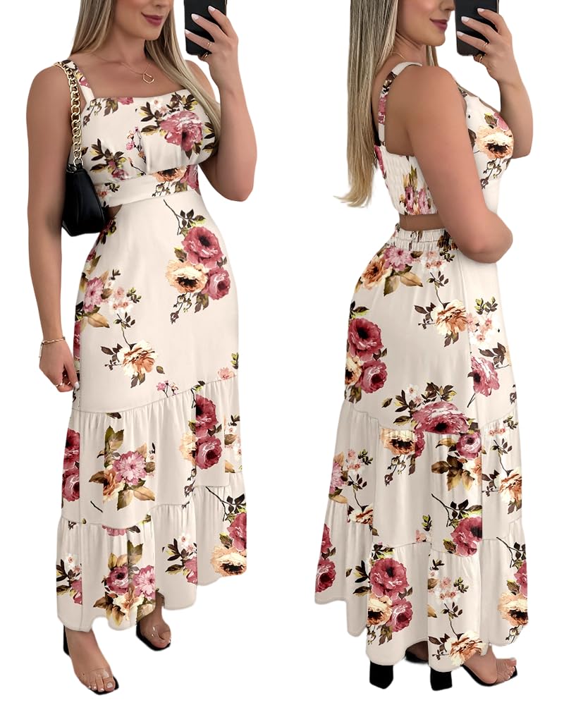 CHICME Summer Dresses for Women 2026 Sleeveless Casual Boho Maxi Dress Square Neck Cut Out Floral A Line Floral Apricot Dress-M