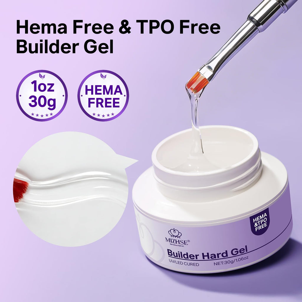 MIZHSE HEMA-Free Hard Gel for Nails-1.06oz Clear Builder Gel Nail Stengthener U V/LED Extension Gels for Nail Repair for DIY Home Salon Women Gifts Lamp Cured