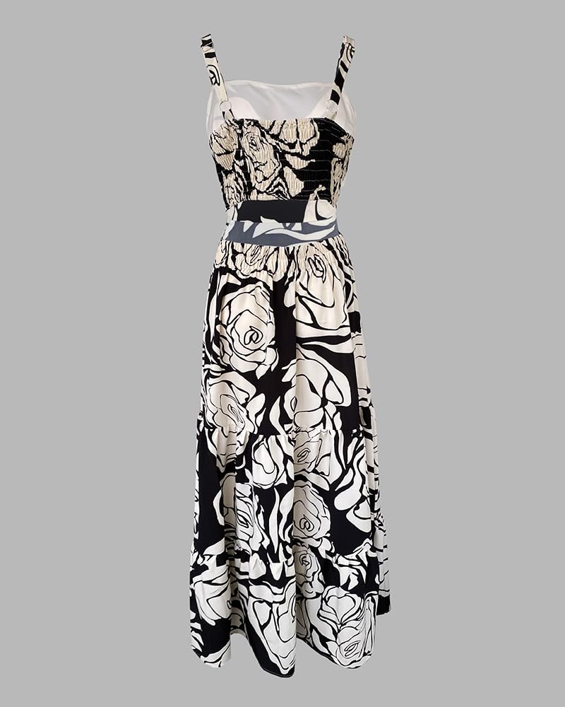 CHICME Summer Dresses for Women 2026 Sleeveless Casual Boho Maxi Dress Square Neck Hollow-Out Floral A Line Black Dress-M