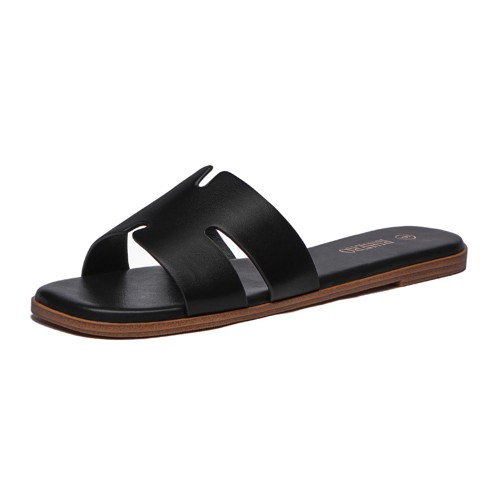 Rihero Black Flat Sandals for Women Dressy Summer Slip On Peep Toe Slide Black Sandals Size 8
