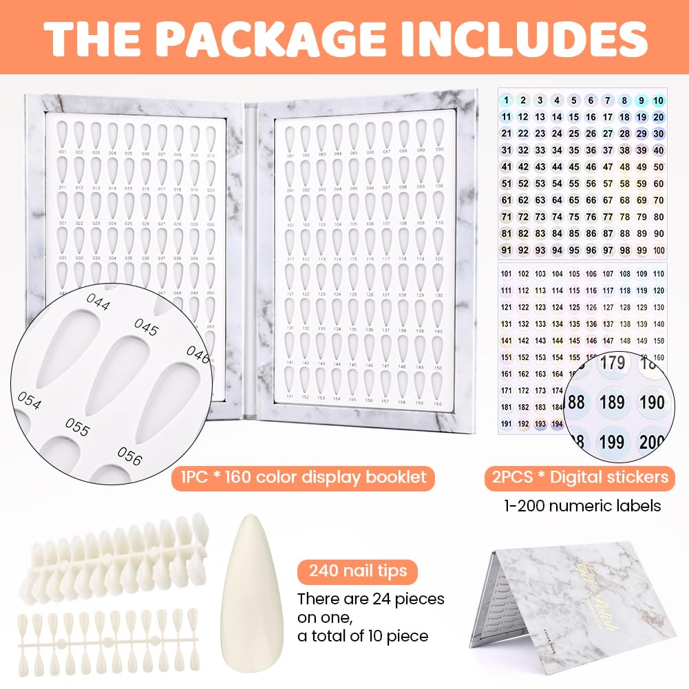 160 Color Nail Display Book with 240 Nail Tips and 1-200 Numbered Labels, Easy to Install, Removable Design, Portable Book Style, Space-Saving for Nail Art