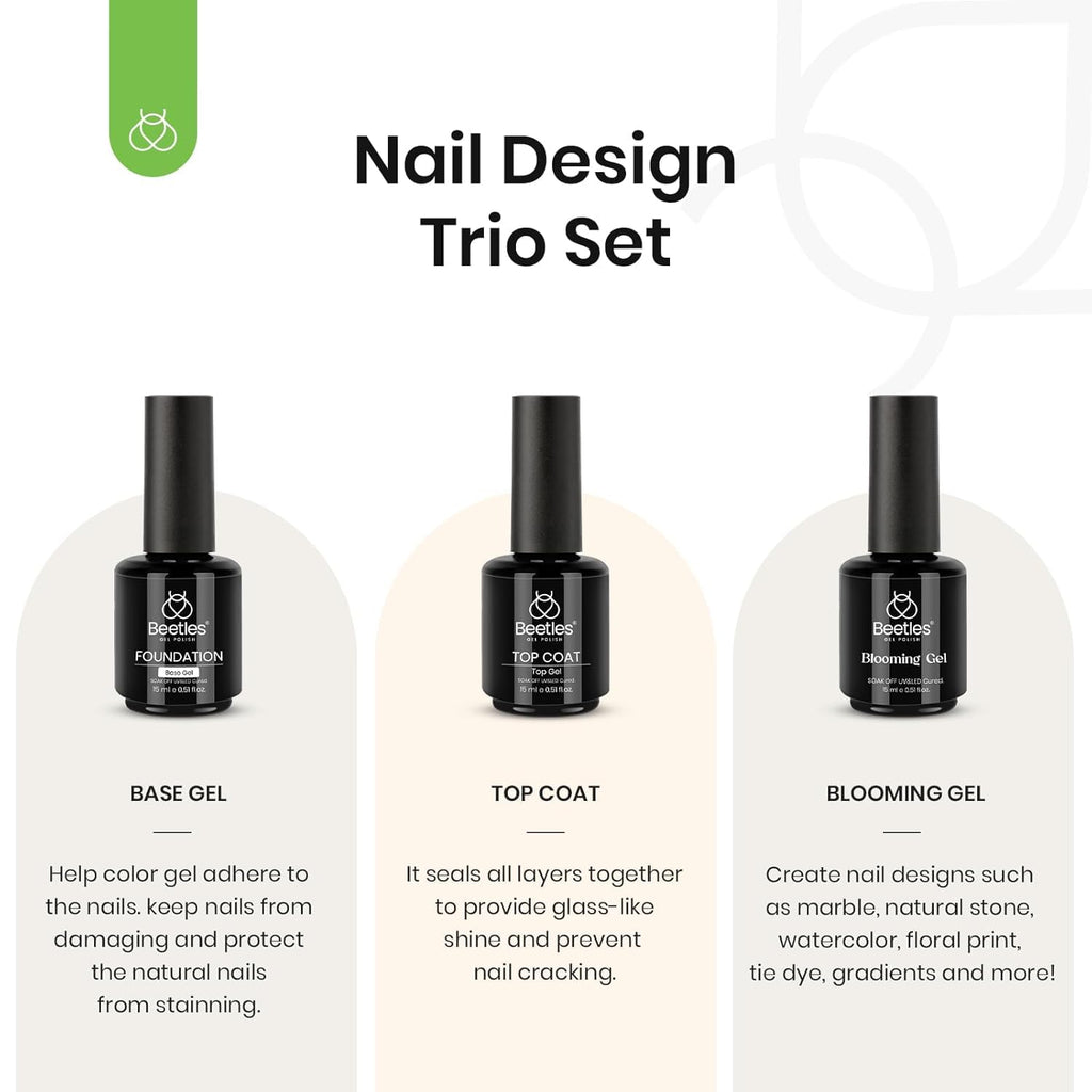 Beetles Blooming Gel & Base Top Coat Set, 3PCS 15ML Shine Finish Long Lasting No Wipe Top Coat Gel Nail Polish Base Spreading Marble Effect Soak off UV LED Nail Art Winter Nail Gifts for Women