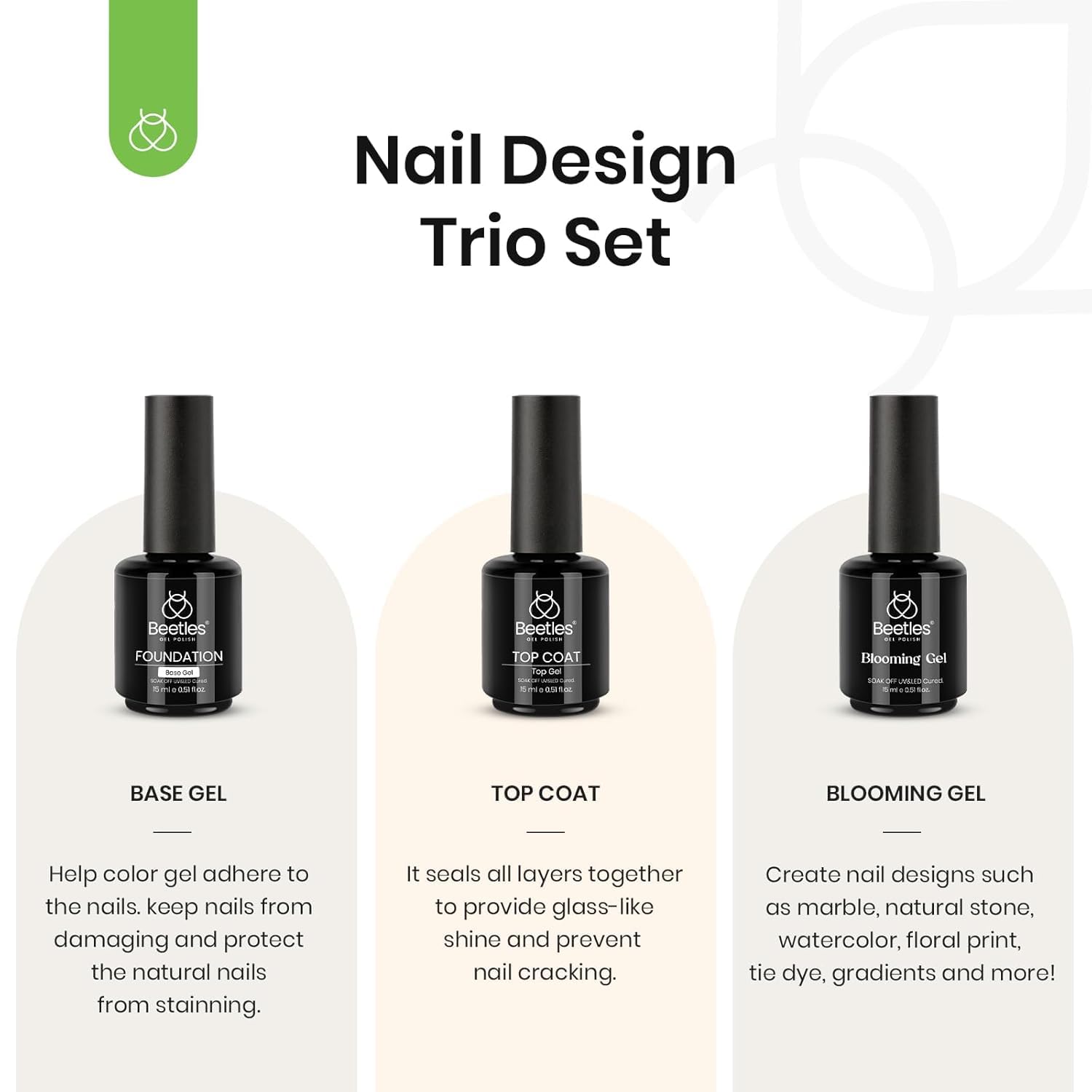 Beetles Blooming Gel & Base Top Coat Set, 3PCS 15ML Shine Finish Long Lasting No Wipe Top Coat Gel Nail Polish Base Spreading Marble Effect Soak off UV LED Nail Art Winter Nail Gifts for Women