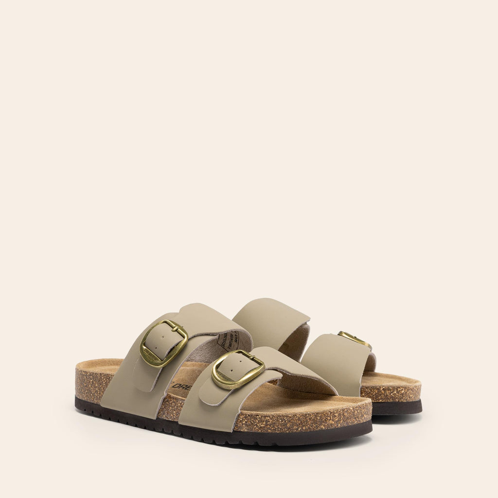 DREAM PAIRS Women's Slides Soft Genuine Footbed Sandals Comfortable Adjustable Double Buckle Slip-on Flat Sandals with Arch Support Frame Dual Slippers for Summer 2026,Size 7,Taupe,SDSS26004W