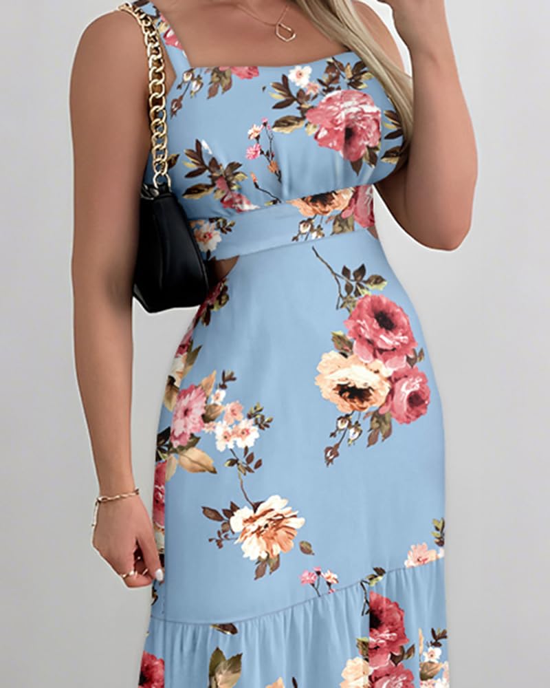 CHICME Summer Dresses for Women 2026 Sleeveless Casual Boho Maxi Dress Square Neck Hollow-Out Floral A Line Misty Blue Dress-S