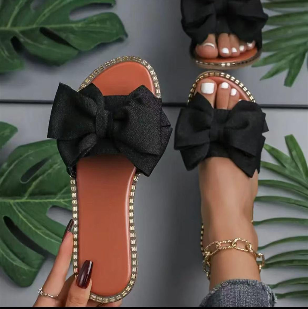 Sksshion Women's Bow Knot Slides Open Toe Flat Sandals Summer Slip On Slippers Black 7
