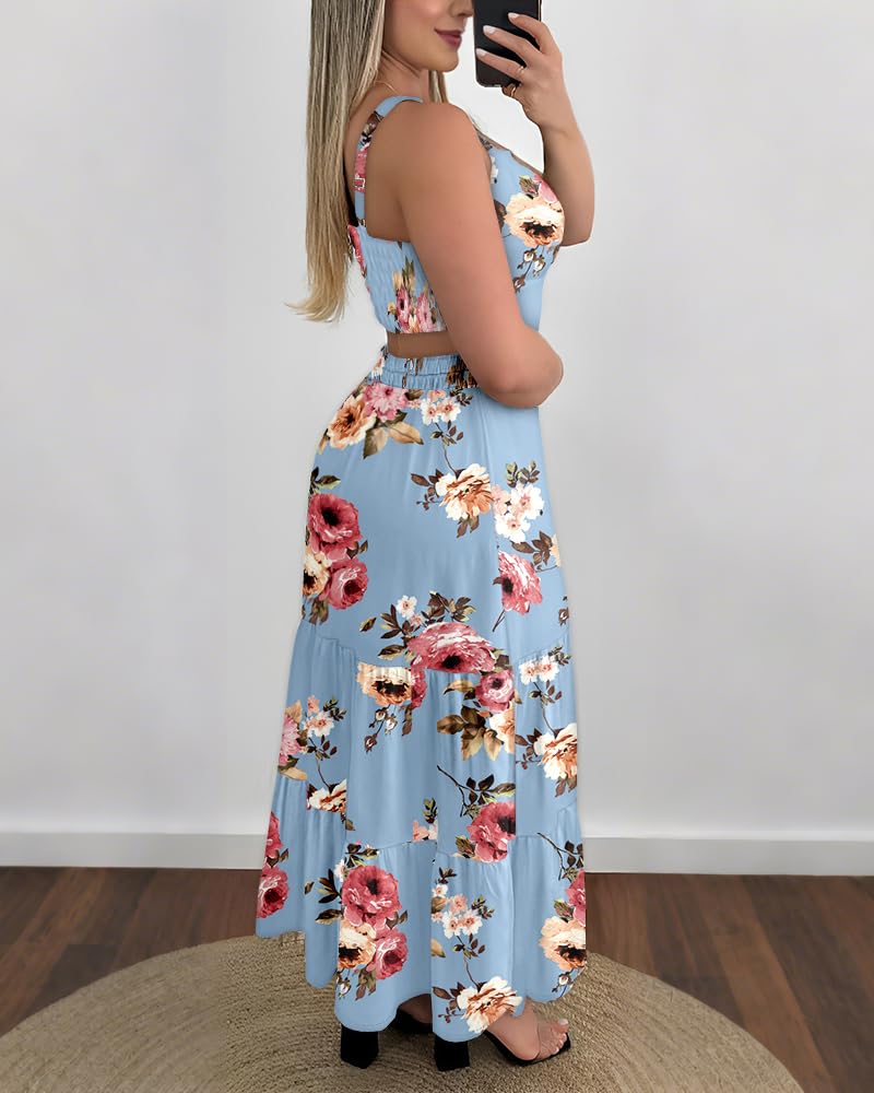 CHICME Summer Dresses for Women 2026 Sleeveless Casual Boho Maxi Dress Square Neck Hollow-Out Floral A Line Misty Blue Dress-S