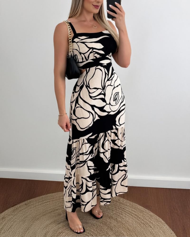 CHICME Summer Dresses for Women 2026 Sleeveless Casual Boho Maxi Dress Square Neck Hollow-Out Floral A Line Black Dress-M