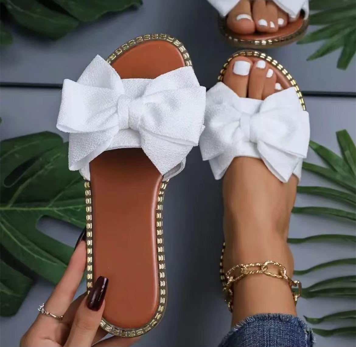 Sksshion Women's Bow Knot Slides Open Toe Flat Sandals Summer Slip On Slippers White 7
