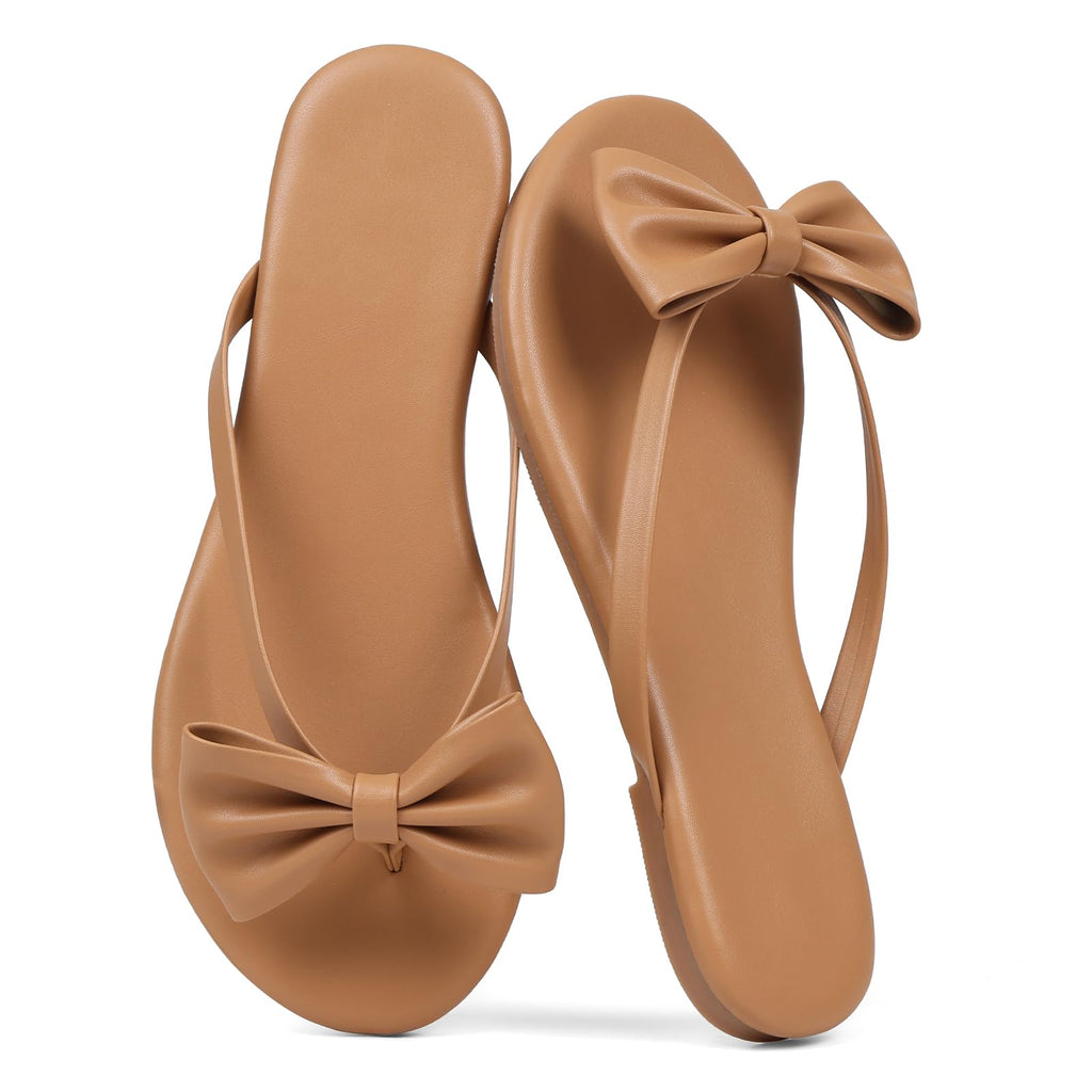 Phefarer Women's Bow Knot Flip Flops Flat Nude Dressy Sandals Open Toe Thong Slippers for Garden Parties and Elegant Outdoor Wear Size 6