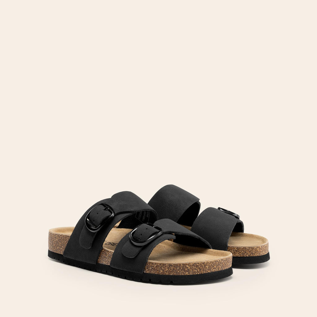 DREAM PAIRS Women's Slides Soft Genuine Footbed Sandals Comfortable Adjustable Double Buckle Slip-on Flat Sandals with Arch Support Frame Dual Slippers for Summer 2026,Size 7,Black,SDSS26004W