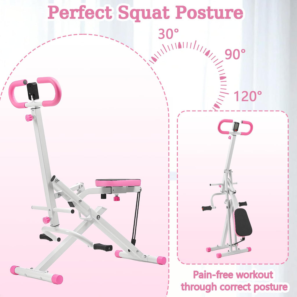 Foldable Squat Machine for Women,Glutes Workout Machines with LCD Display & Adjustable Seat, Glutes & Abs Squat Machine for Home Gym,Space-Saving Design (Pink)
