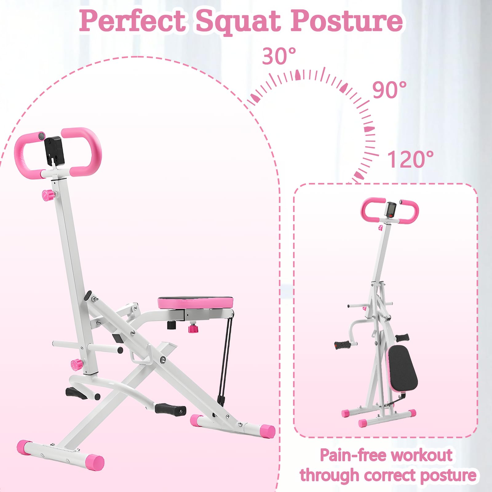 Foldable Squat Machine for Women,Glutes Workout Machines with LCD Display & Adjustable Seat, Glutes & Abs Squat Machine for Home Gym,Space-Saving Design (Pink)