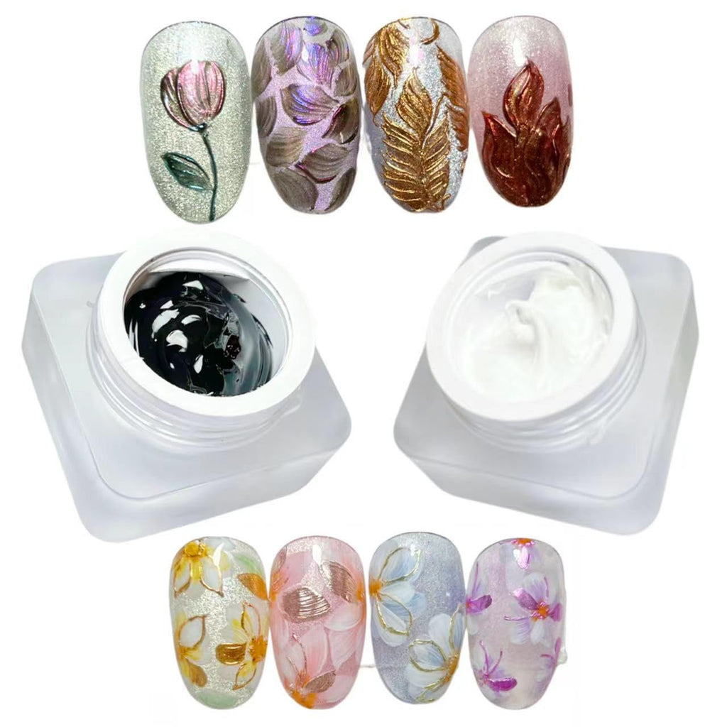 YJMyujimi Nail Gel polish sculpture gel 5g black and white in colour clear stroke non wipe chrome applicable DIY at home embossed painting gel Nail solons mini 3D designs (Black and white, 5g)