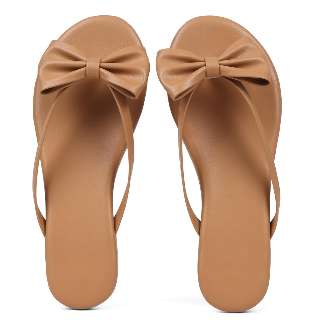 Phefarer Women's Bow Knot Flip Flops Flat Nude Dressy Sandals Open Toe Thong Slippers for Garden Parties and Elegant Outdoor Wear Size 6