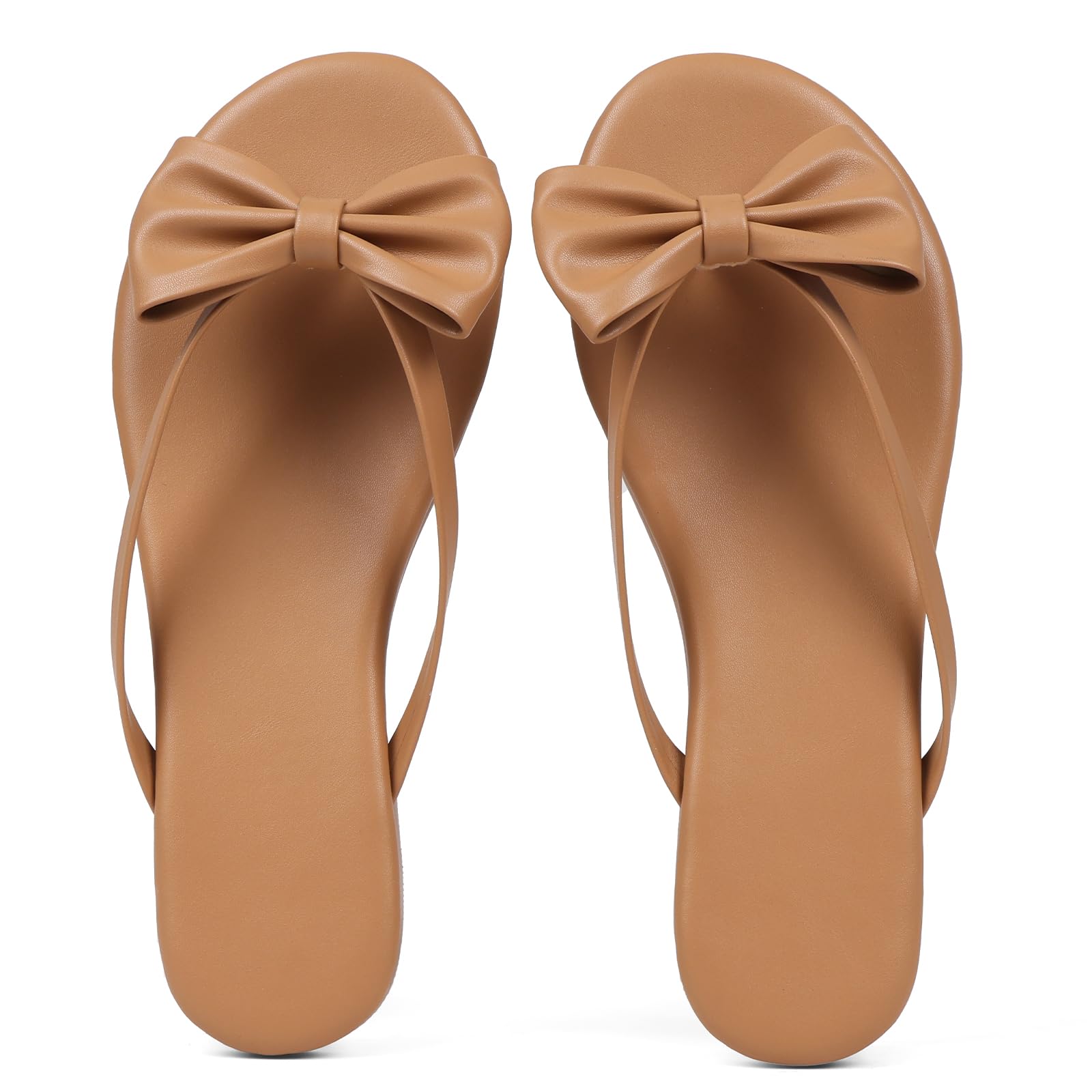 Phefarer Women's Bow Knot Flip Flops Flat Nude Dressy Sandals Open Toe Thong Slippers for Garden Parties and Elegant Outdoor Wear Size 6