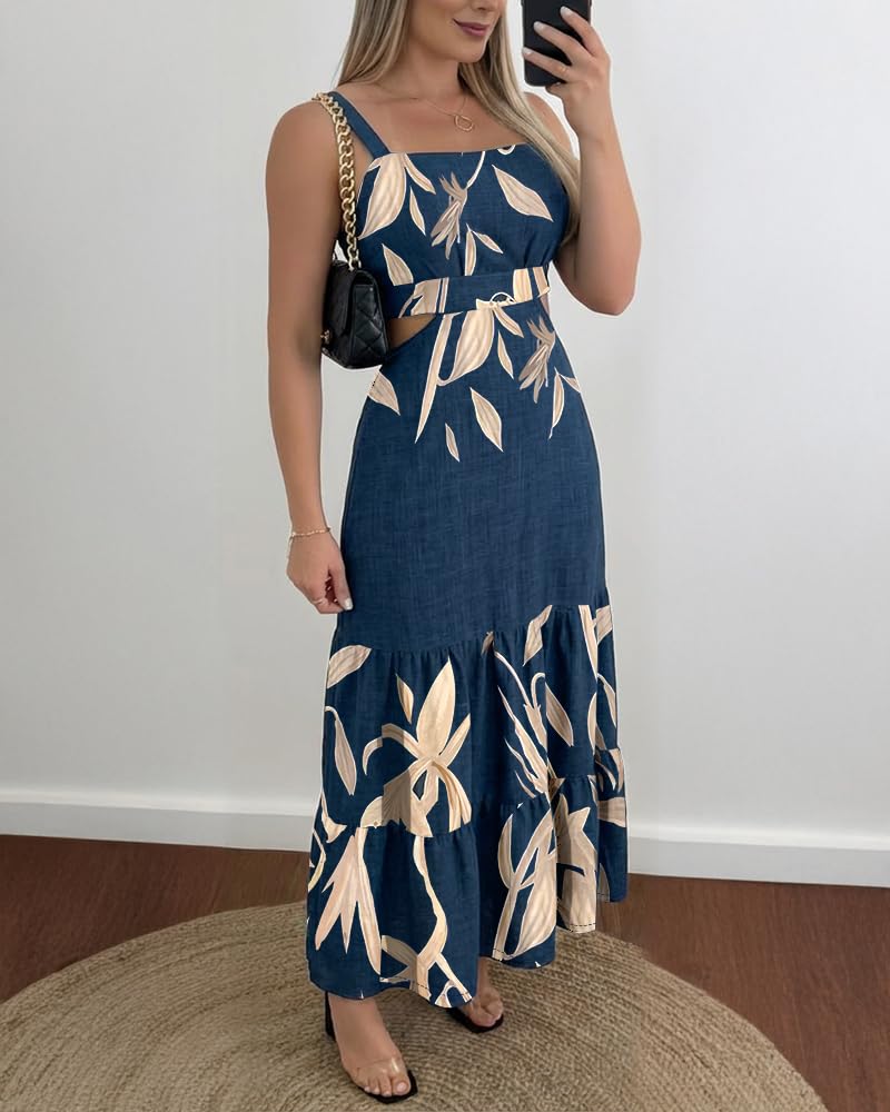 CHICME Summer Dresses for Women 2026 Sleeveless Casual Boho Maxi Dress Square Neck Cut Out Floral A Line Floral Purplish Blue Dress-S