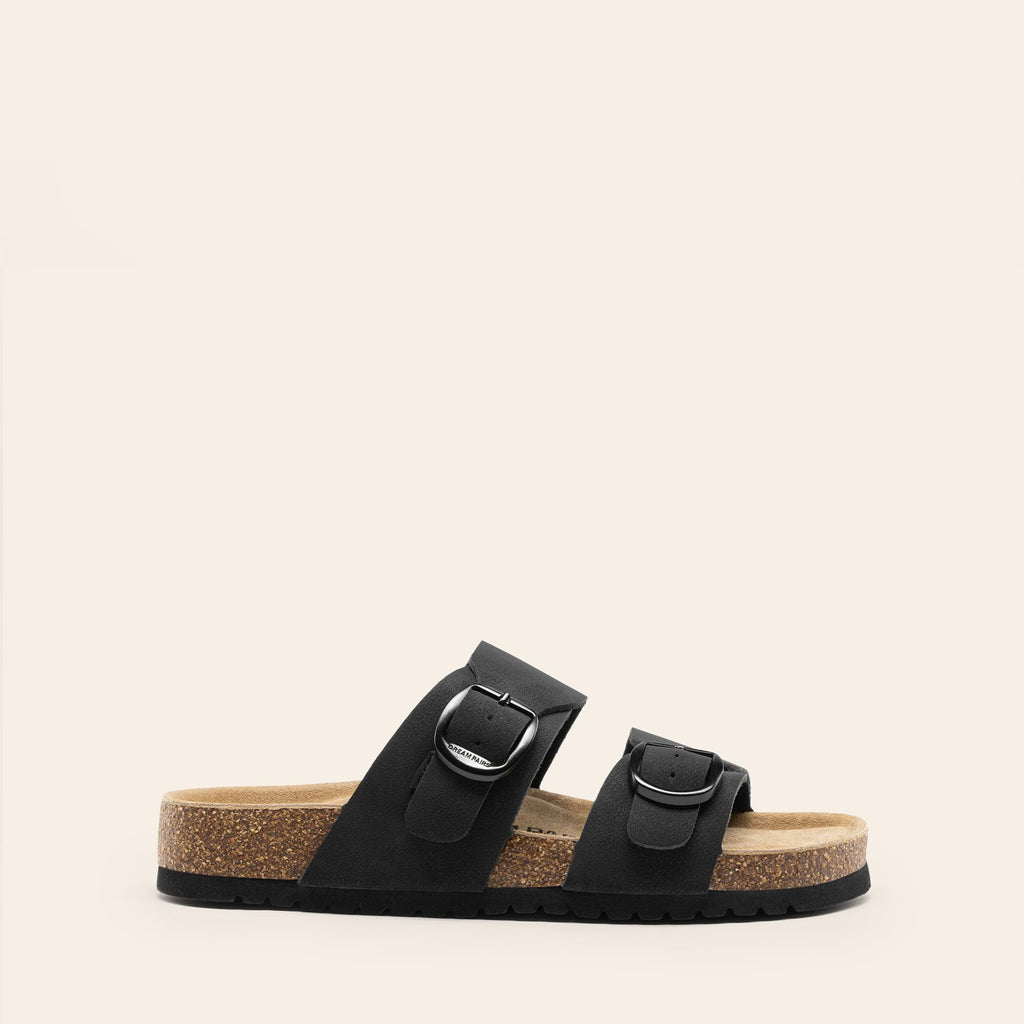 DREAM PAIRS Women's Slides Soft Genuine Footbed Sandals Comfortable Adjustable Double Buckle Slip-on Flat Sandals with Arch Support Frame Dual Slippers for Summer 2026,Size 7,Black,SDSS26004W