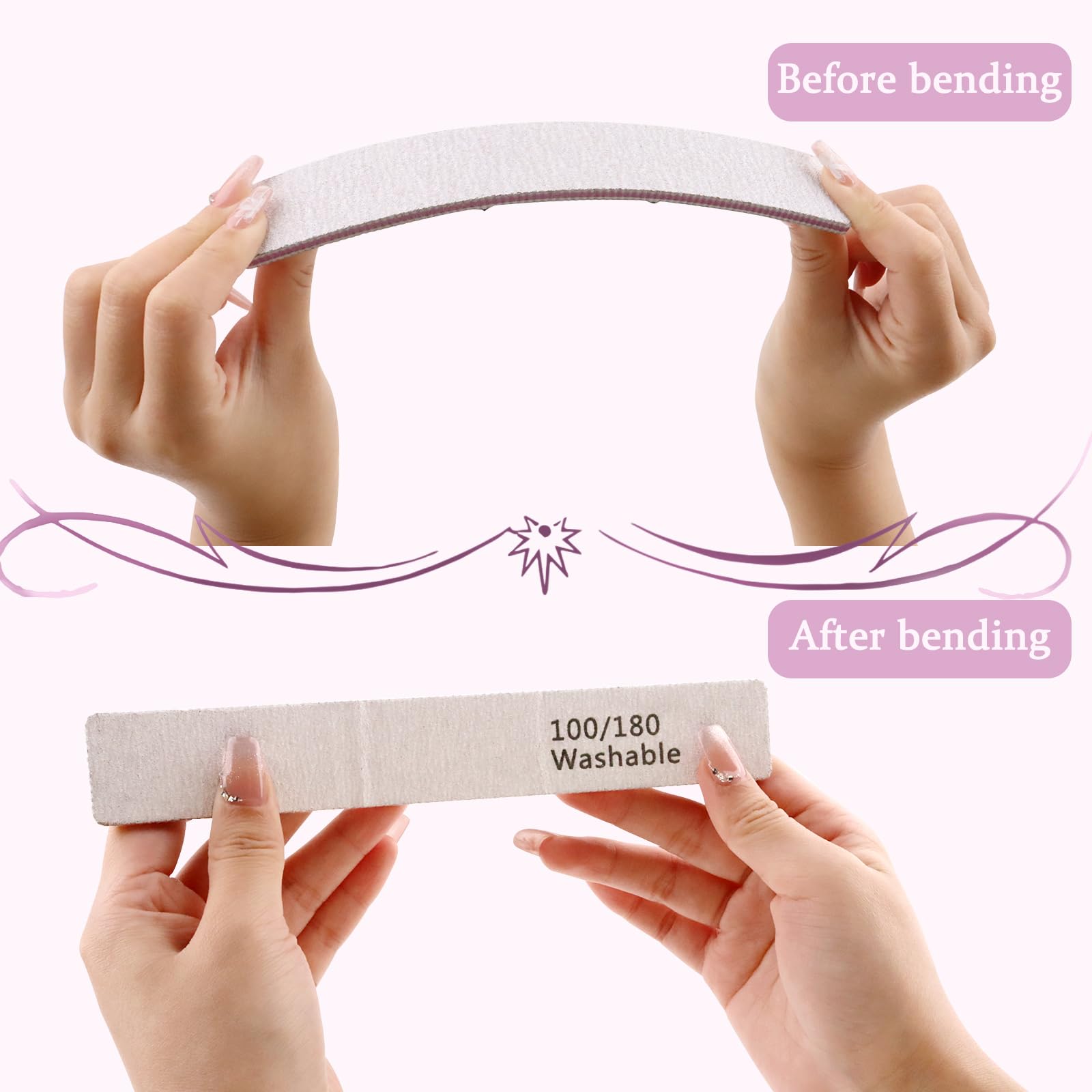 HeeYaa Nail File 12 PCS Professional Reusable 100/180 Grit Double Sides Washable Nail File Manicure Tools for Poly Nail Extension Gel and Acrylic Nails Tools Suit for Home Salon