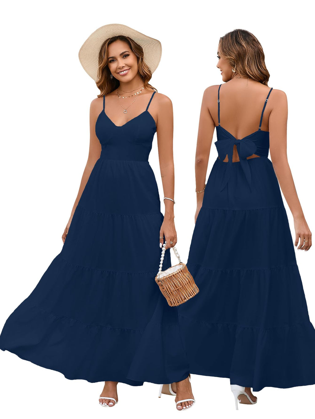 HTZMO Women Casual Summer Floral Maxi Sundress V Neck Spaghetti Strap Bow Tie Backless Flowy Boho Beach Long Dress 2026 Navy M