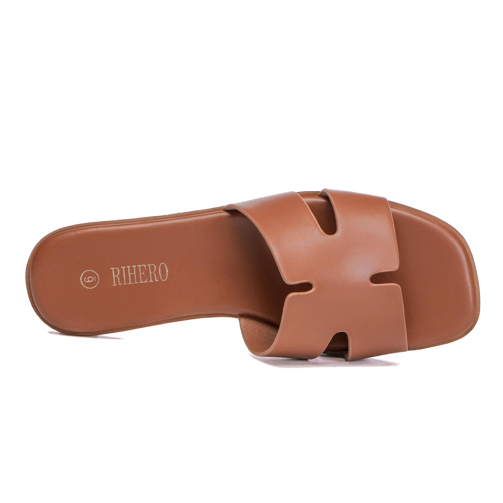 Rihero Women's Dressy Flat Sandals Comfortable Slip On Leather Slide Tan Sandals Size 7