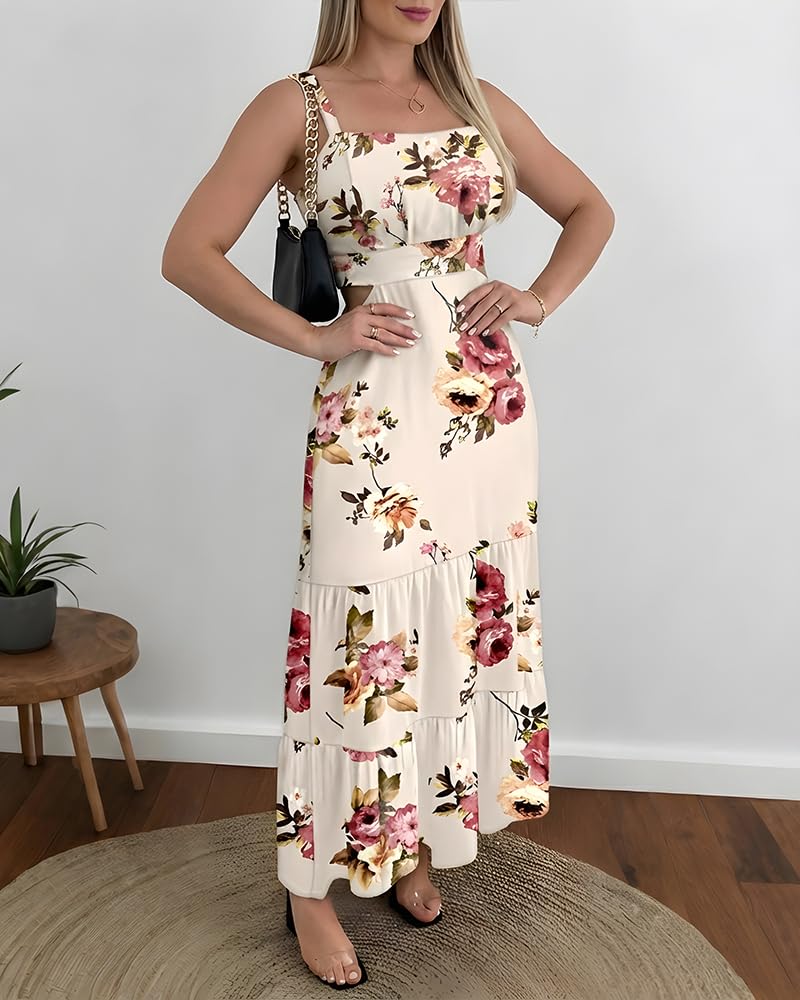 CHICME Summer Dresses for Women 2026 Sleeveless Casual Boho Maxi Dress Square Neck Cut Out Floral A Line Floral Apricot Dress-M