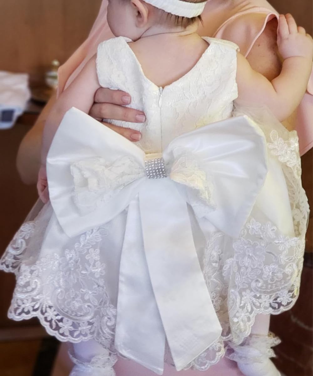 LZH Toddler Princess Flower Big Bowknot Dress Baby Girls Birthday Wedding Party Dresses White, 6M(3-6 Months)