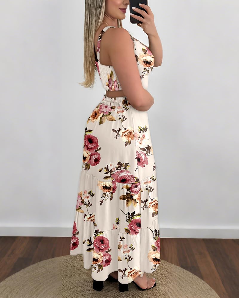CHICME Summer Dresses for Women 2026 Sleeveless Casual Boho Maxi Dress Square Neck Cut Out Floral A Line Floral Apricot Dress-M