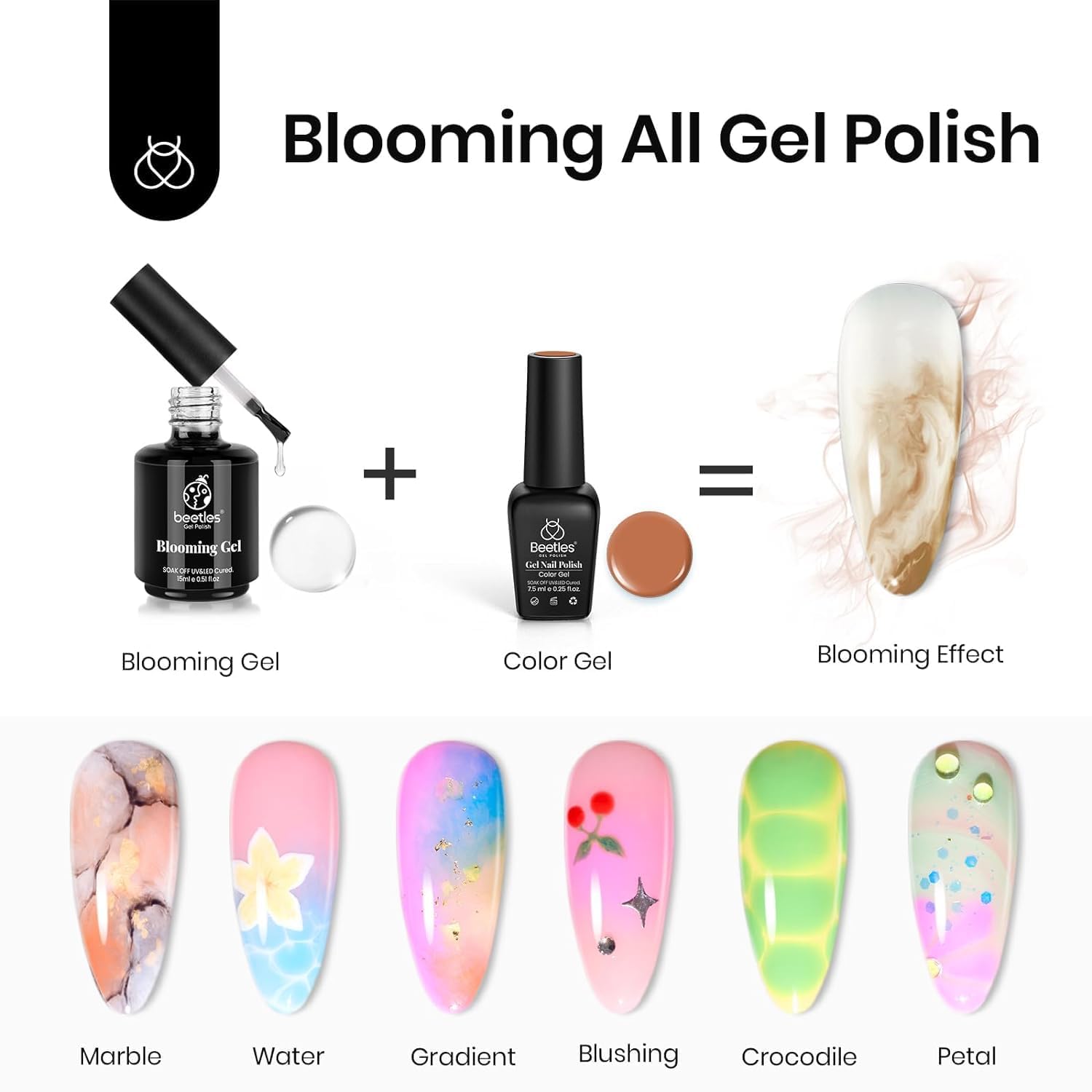 Beetles Blooming Gel & Base Top Coat Set, 3PCS 15ML Shine Finish Long Lasting No Wipe Top Coat Gel Nail Polish Base Spreading Marble Effect Soak off UV LED Nail Art Winter Nail Gifts for Women