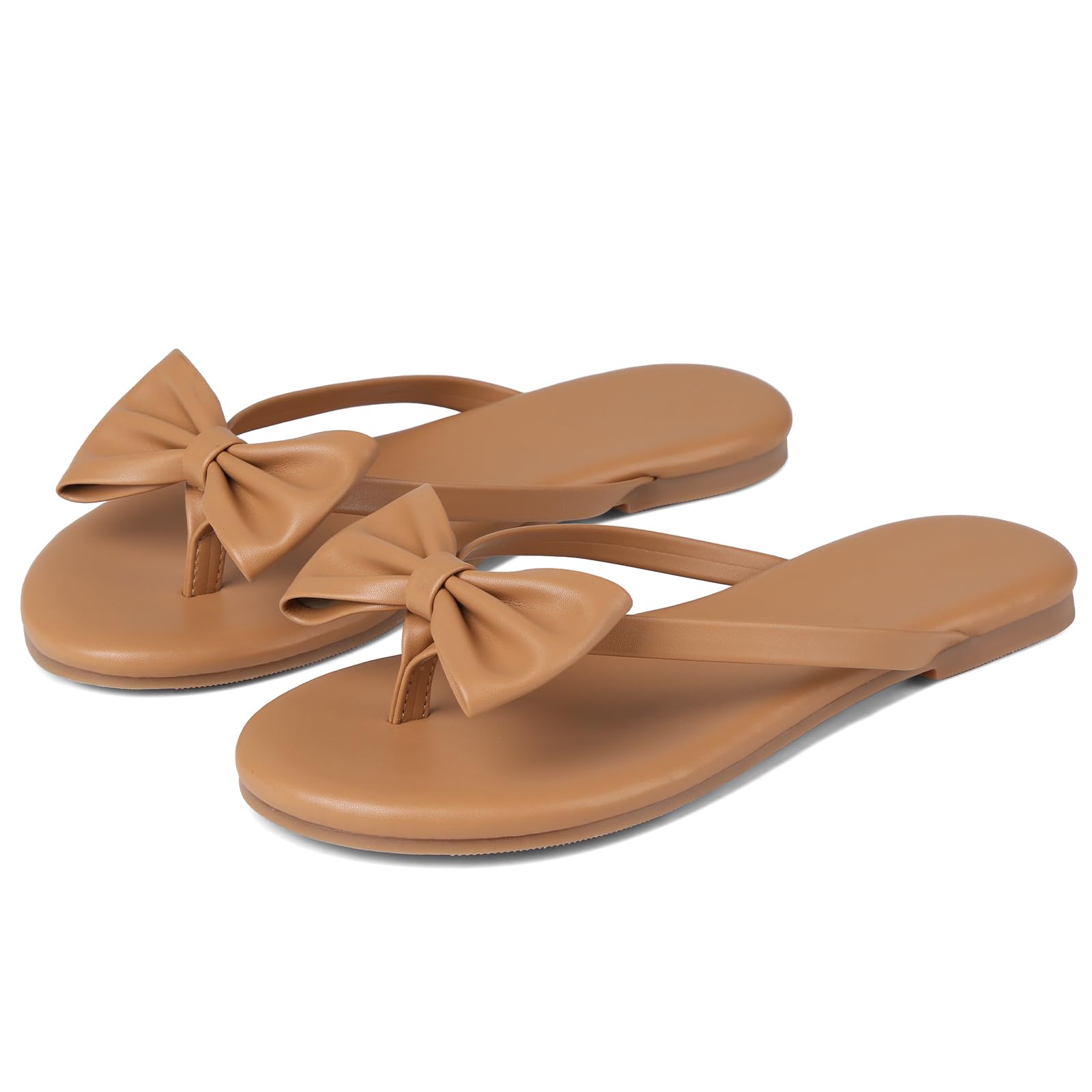 Phefarer Women's Bow Knot Flip Flops Flat Nude Dressy Sandals Open Toe Thong Slippers for Garden Parties and Elegant Outdoor Wear Size 6